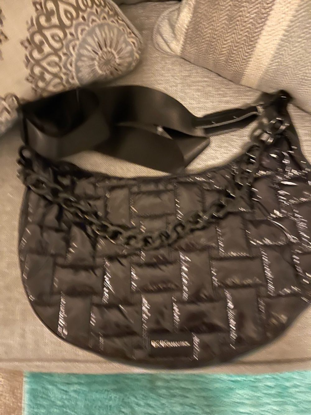BCBGeneration Quilted Crescent Shoulder Bag in Black with Chain Detail